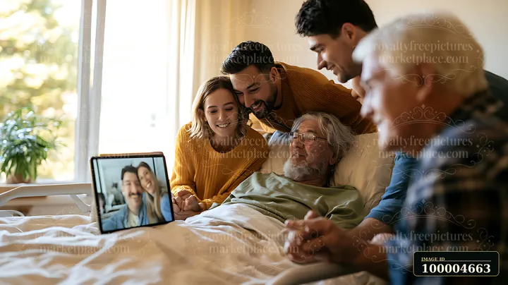 Family members hold hands beside an elderly patient resting in bed, with a video call visible nearby.