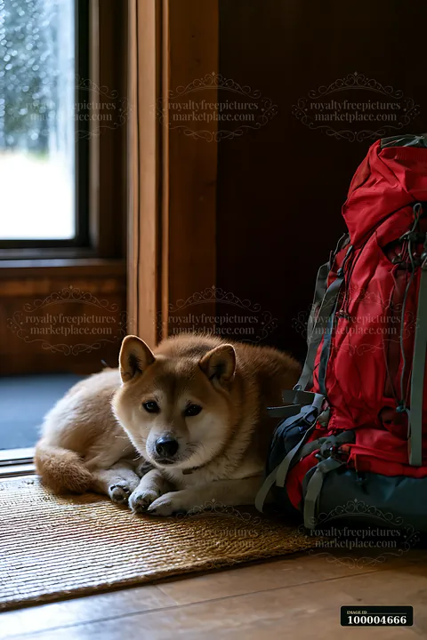 Shiba Inu lies on a woven mat beside a red trail backpack in a warmly lit room.