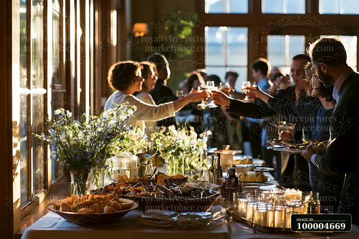 Guests raise glasses beside a wedding reception buffet decorated with flowers in a warmly lit venue.