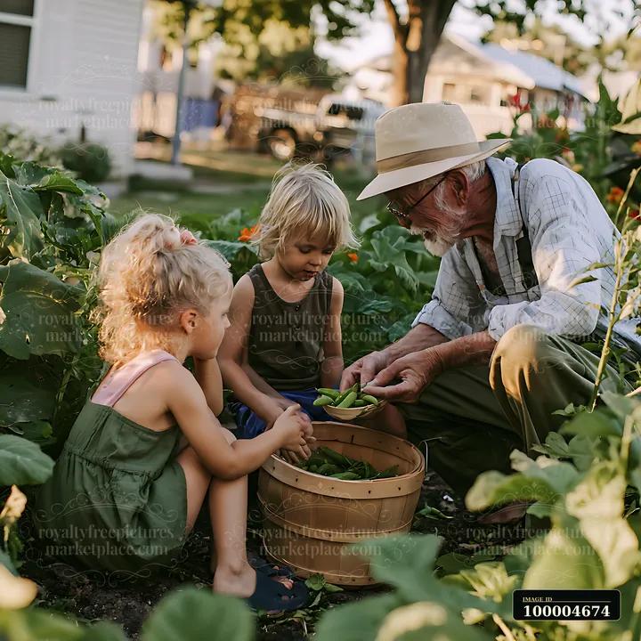 Two blonde children work together with an elderly neighbor to gather vegetables from a garden.