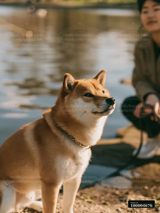 Alert Shiba Inu stands beside a pond in a public park with its owner blurred behind it.
