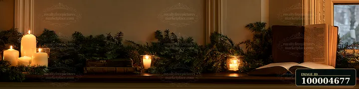 A devotional book sits beside lit candles and evergreen branches on a table.