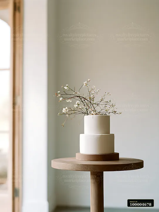 A minimalist wedding cake sits on a wooden stand, decorated with delicate branches, set against a neutral background.